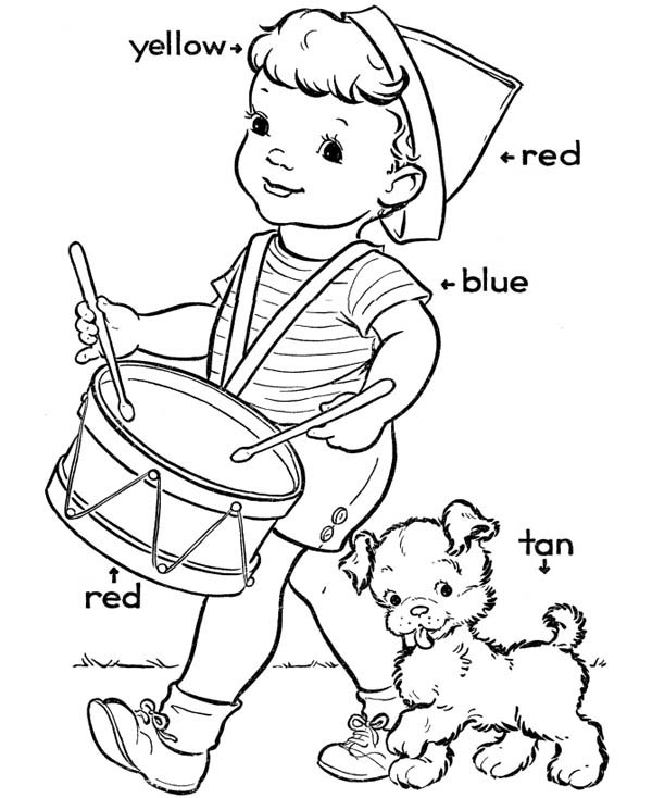 Kindergarten, : Kindergarten Kids Playing Drum Coloring Page