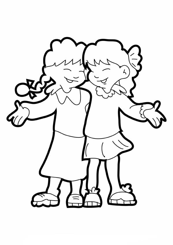 Two Girls Hugging on Friendship Day Coloring Page