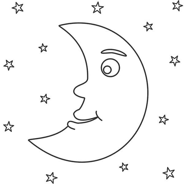 Moon, : Awesome Night with Moon and Stars Coloring Page