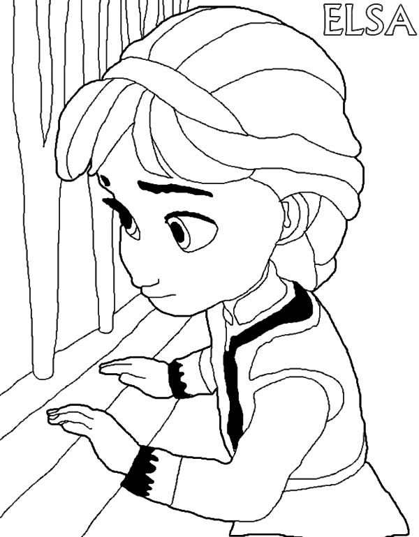 Elsa, : Little Elsa Watching from Window Coloring Pages
